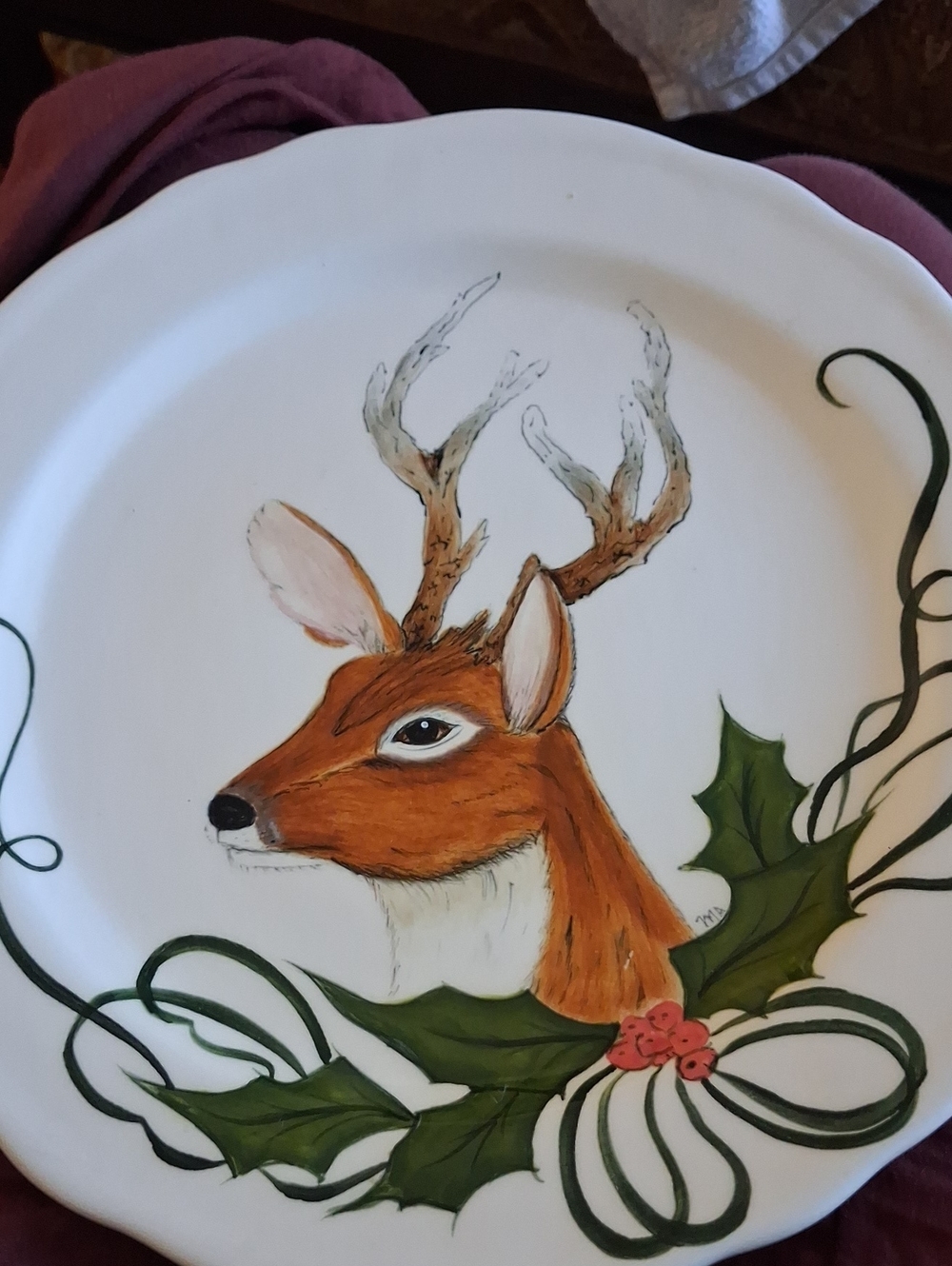 Hand Painted Reindeer Studio Art Plate 11 Inch Scalloped